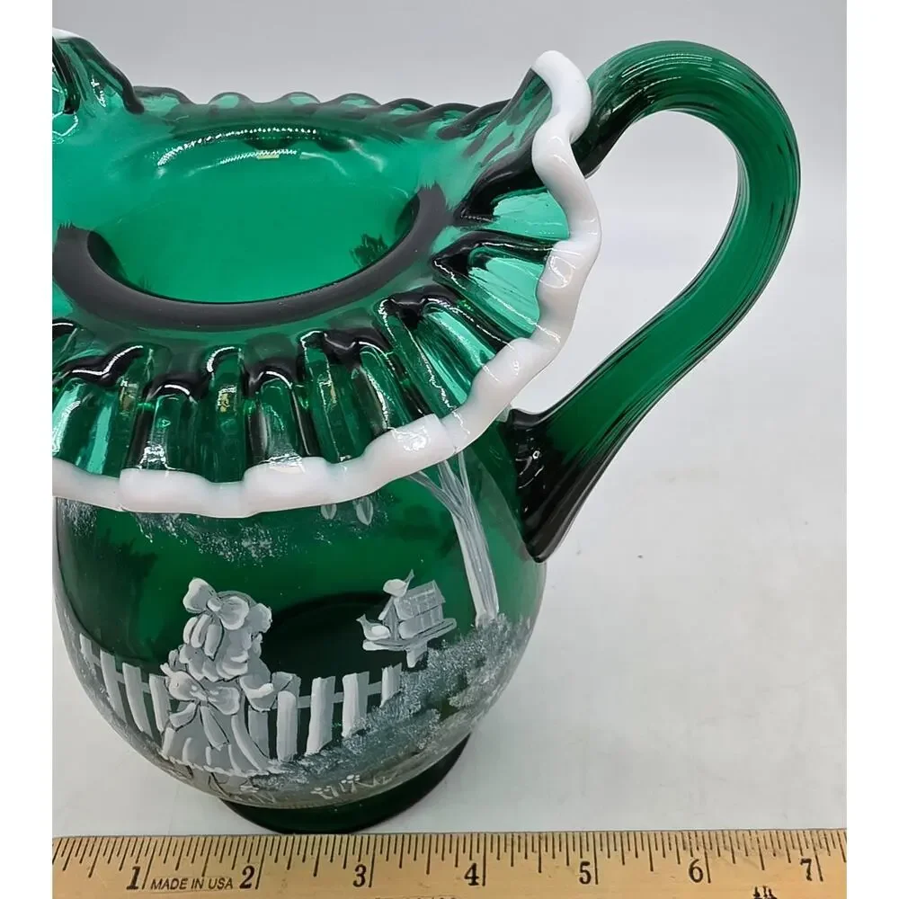 Fenton Glass Emerald Mary Gregory Snow Crest Pitcher SIGNED T KELLEY